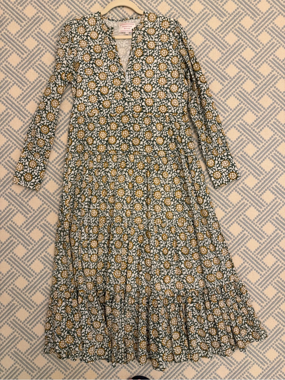 Green and White Floral Tiered Long-Sleeve Midi Dress by Hampton